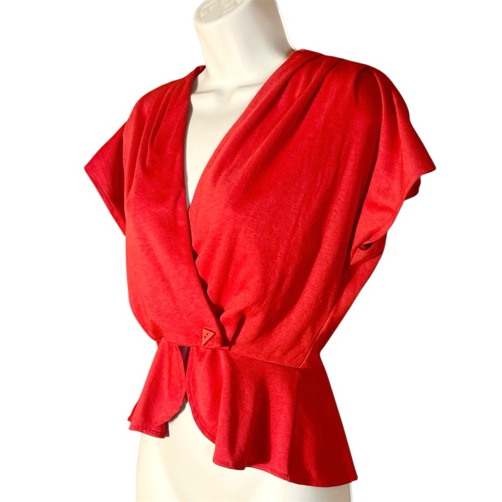 Vintage Dawn Joy Fashions Red Peplum Top Button Wrap Blouse Ruffle 80s S Twee